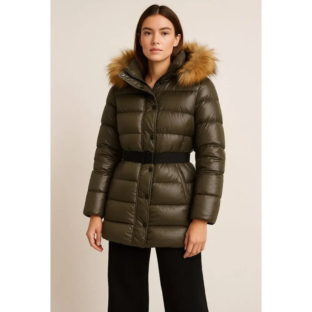 Women's Olive Puffer Jacket with Faux Fur Hood - Picture 1 of 16